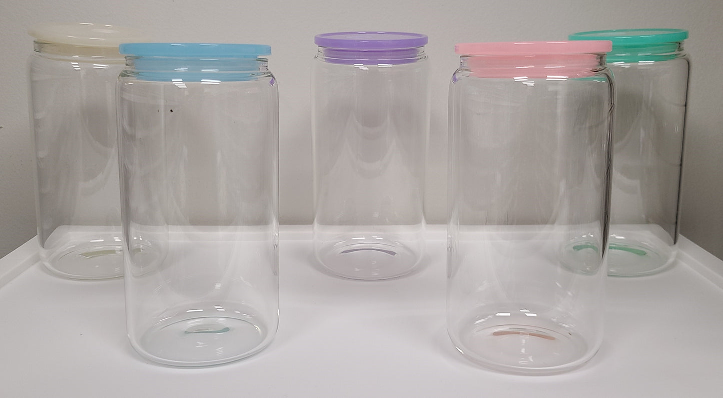 16 Oz Clear Glass Can With Colored Lid and Straw