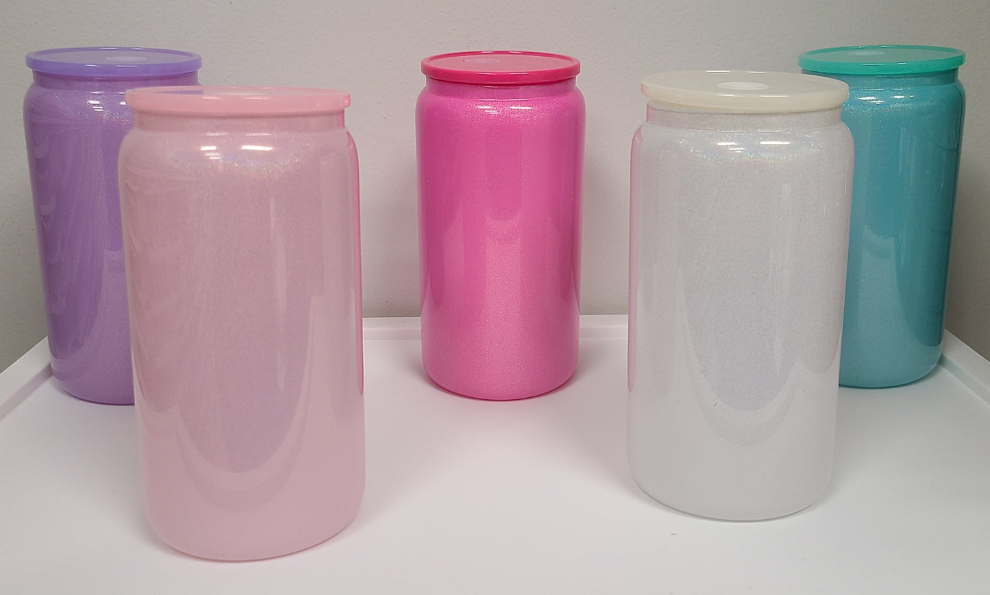 16 Oz Shimmer Glass Can With Colored Lid and Straw