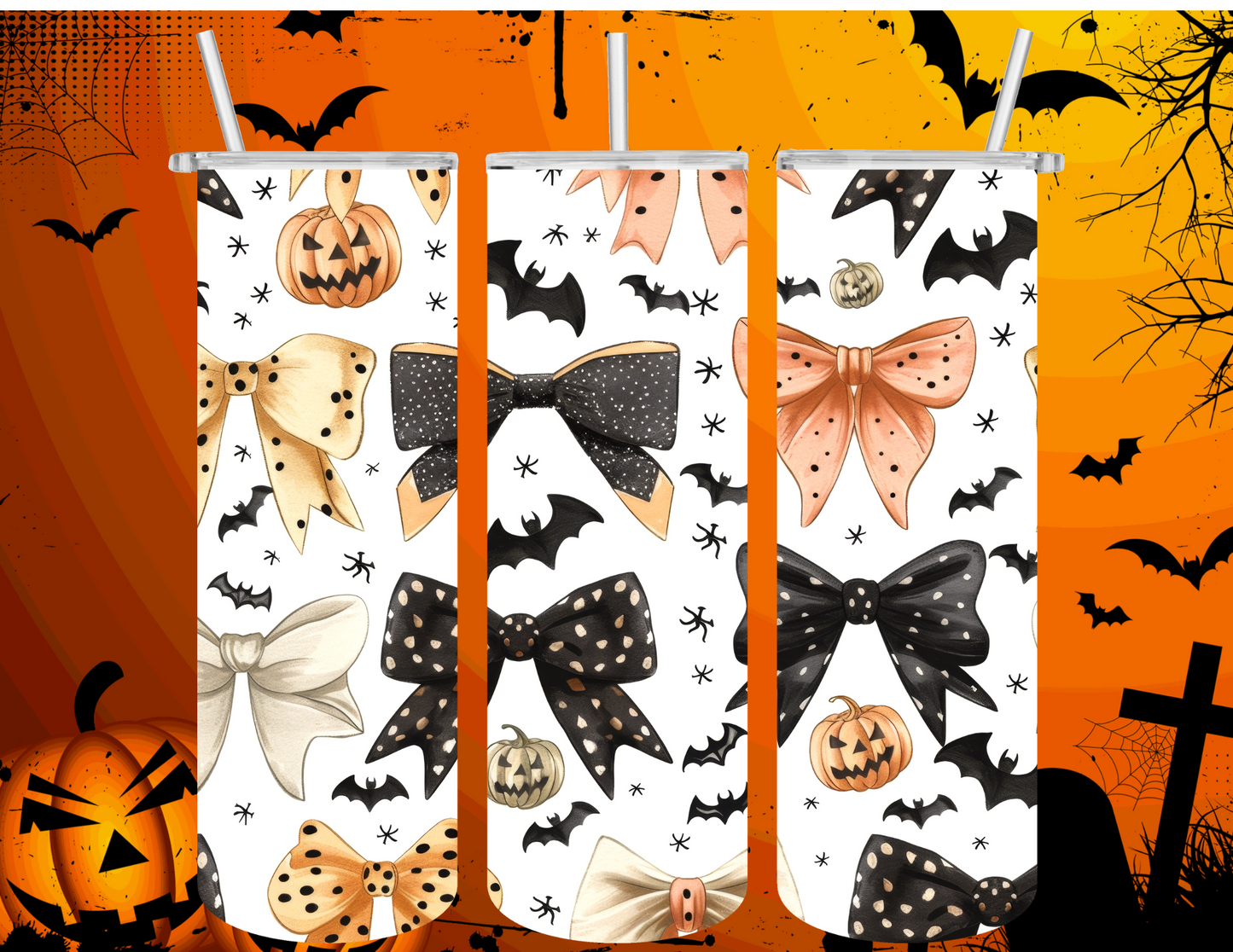 20 Oz Tumbler Halloween Bows Pumpkins Bats