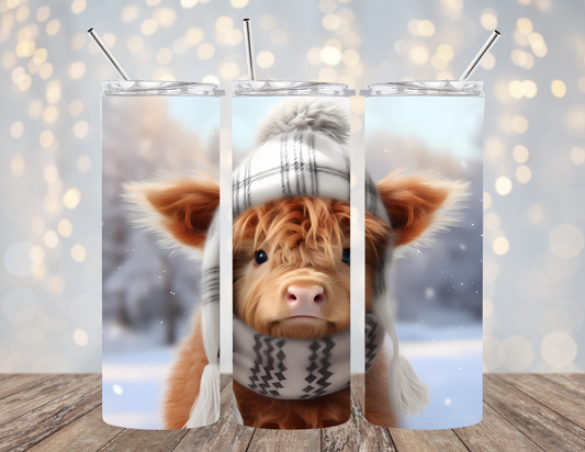 20 Oz Tumbler Winter Highland Cow Hat and Scarf