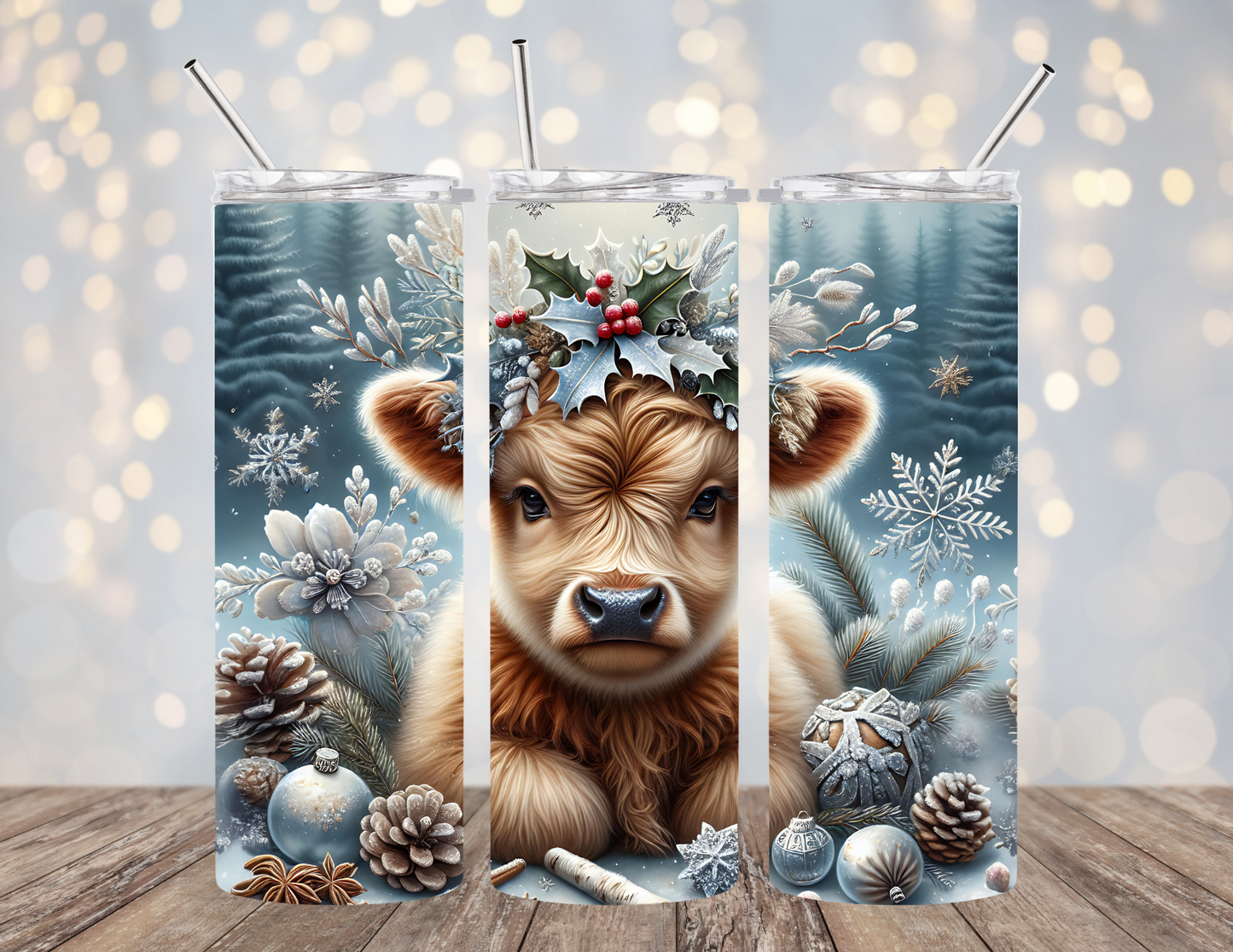 20 Oz Tumbler Christmas HIghland Cow Blue