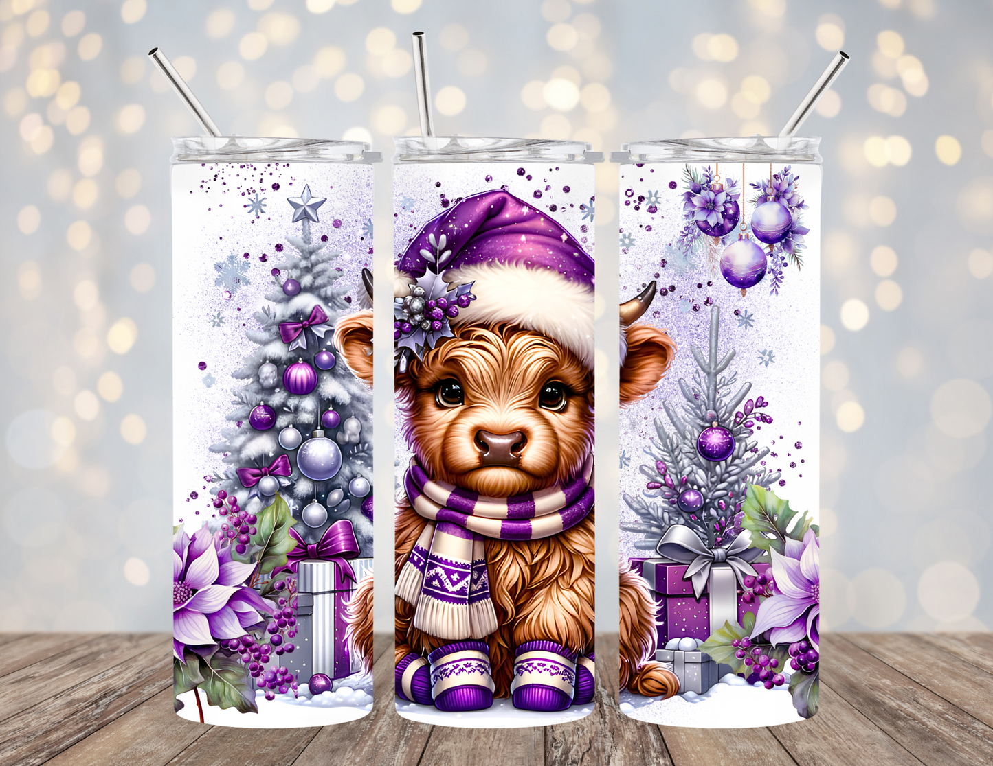 20 Oz Tumbler Christmas HIghland Cow Purple