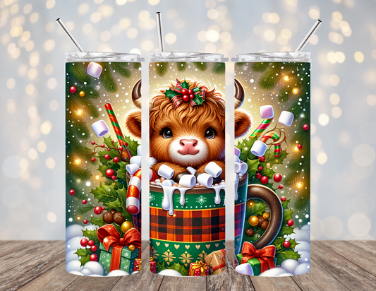 20 Oz Tumbler Christmas HIghland Cow In Cocoa Cup