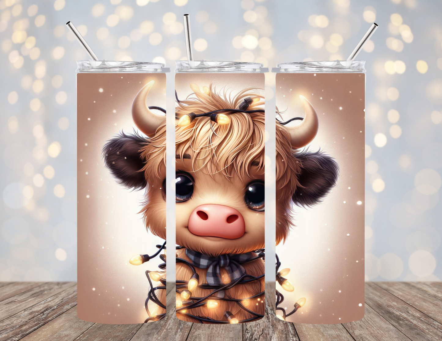 20 Oz Tumbler Christmas HIghland Cow Baby With Lights