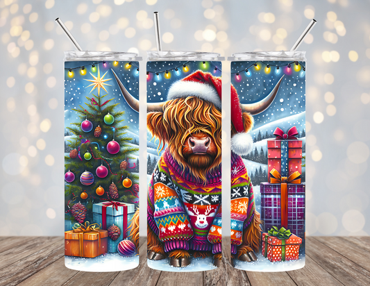 20 Oz Tumbler Christmas HIghland Cow In Sweater