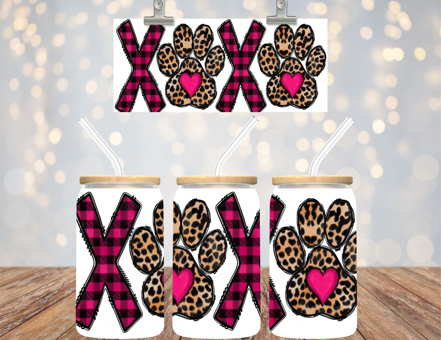 UV DTF  16 oz Cup Wrap XO XO Dog Paw Valentine 484