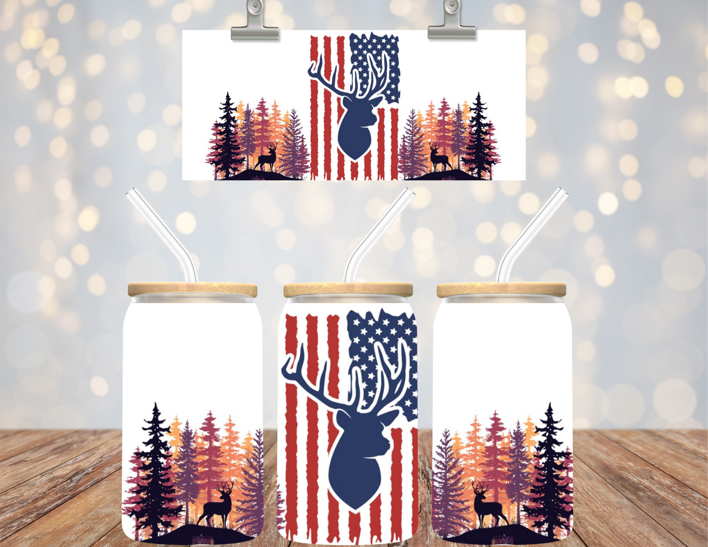 UV DTF  16 oz Cup Wrap Deer American Flag 509