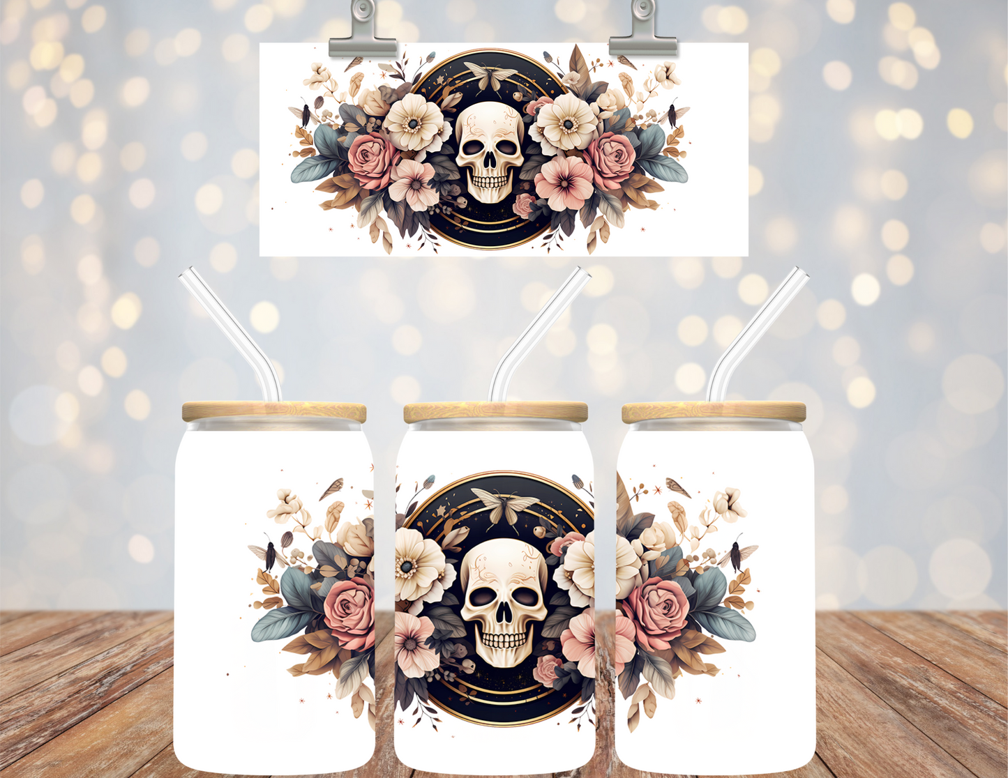 16 oz UV DTF Cup Wrap Skull w/flowers 20