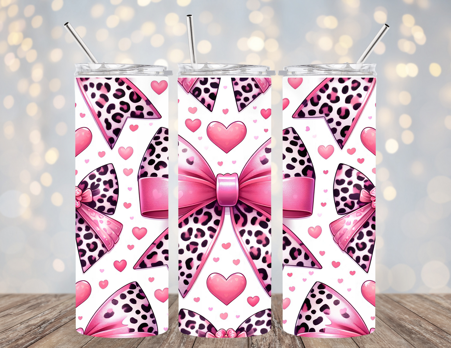 20 Oz Tumbler Pink Leopard print bow hearts