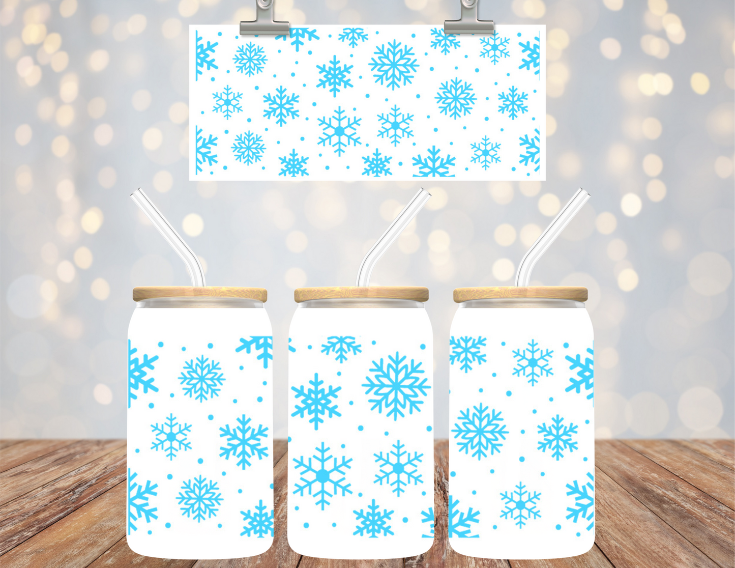 16 oz Uv Dtf Cup Wrap Blue Christmas Snowflakes 715