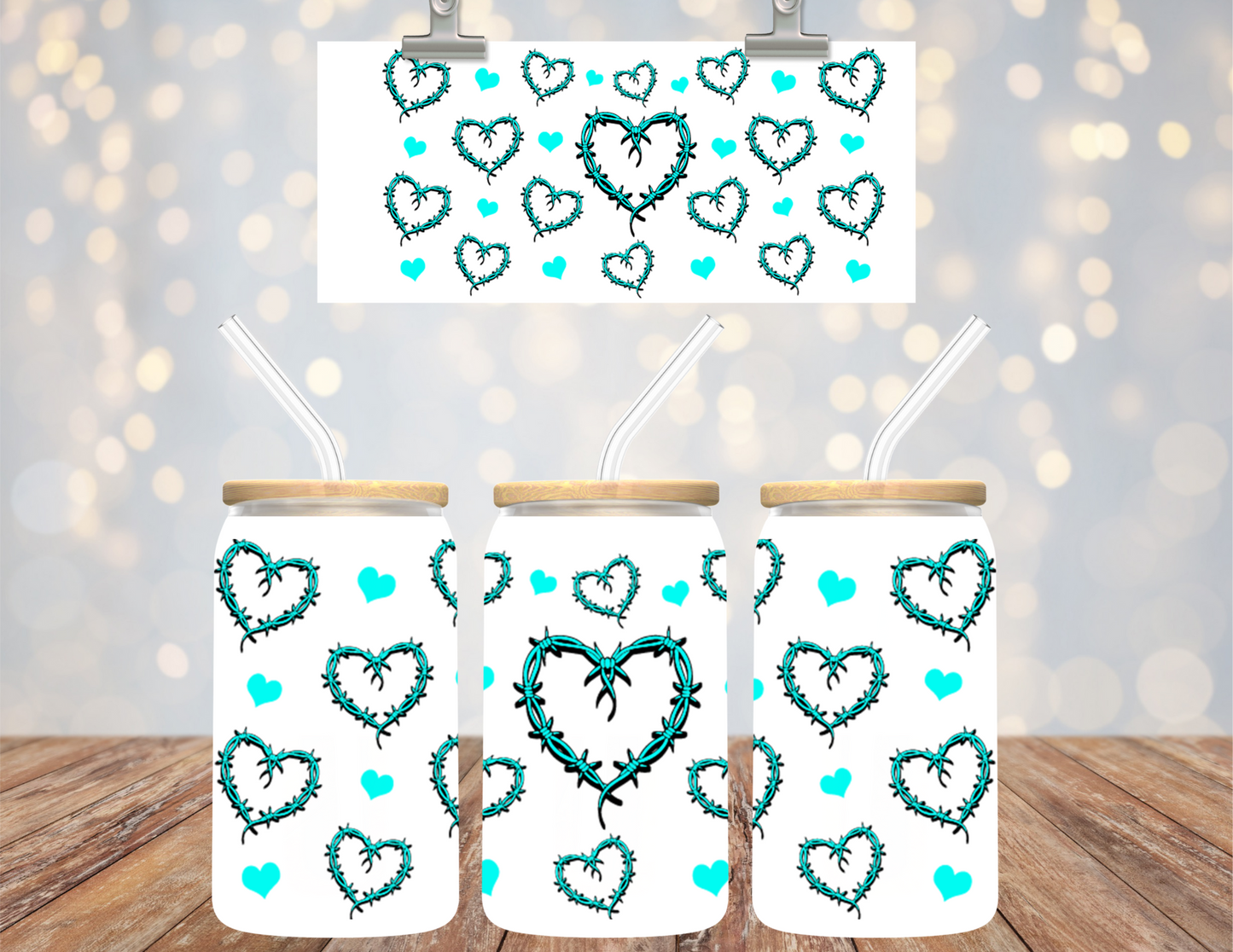 Uv Dtf Cup Wrap Turquoise Barbed Wire Hearts 148