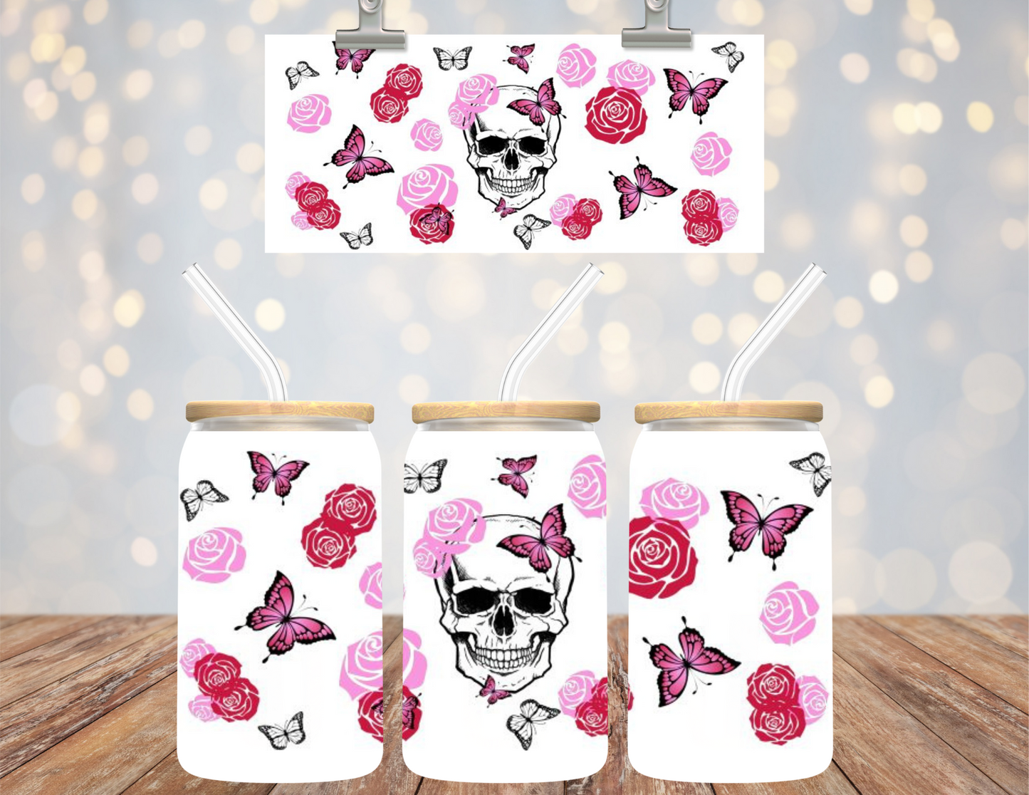 Uv Dtf Cup Wrap Skull butterflies Roses 654