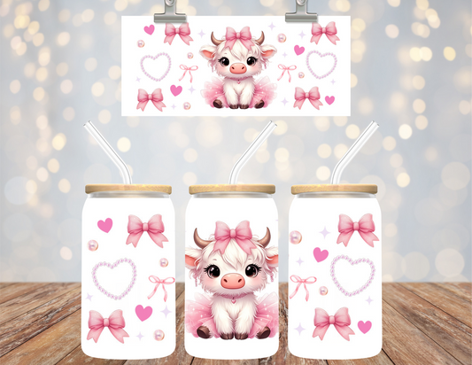 Uv Dtf Cup Wrap Pink Highland cow with bows 636