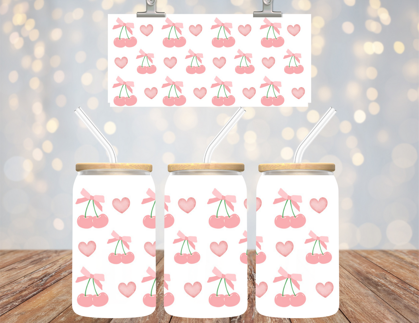 Uv Dtf Cup Wrap Pink hearts & Cherries 565