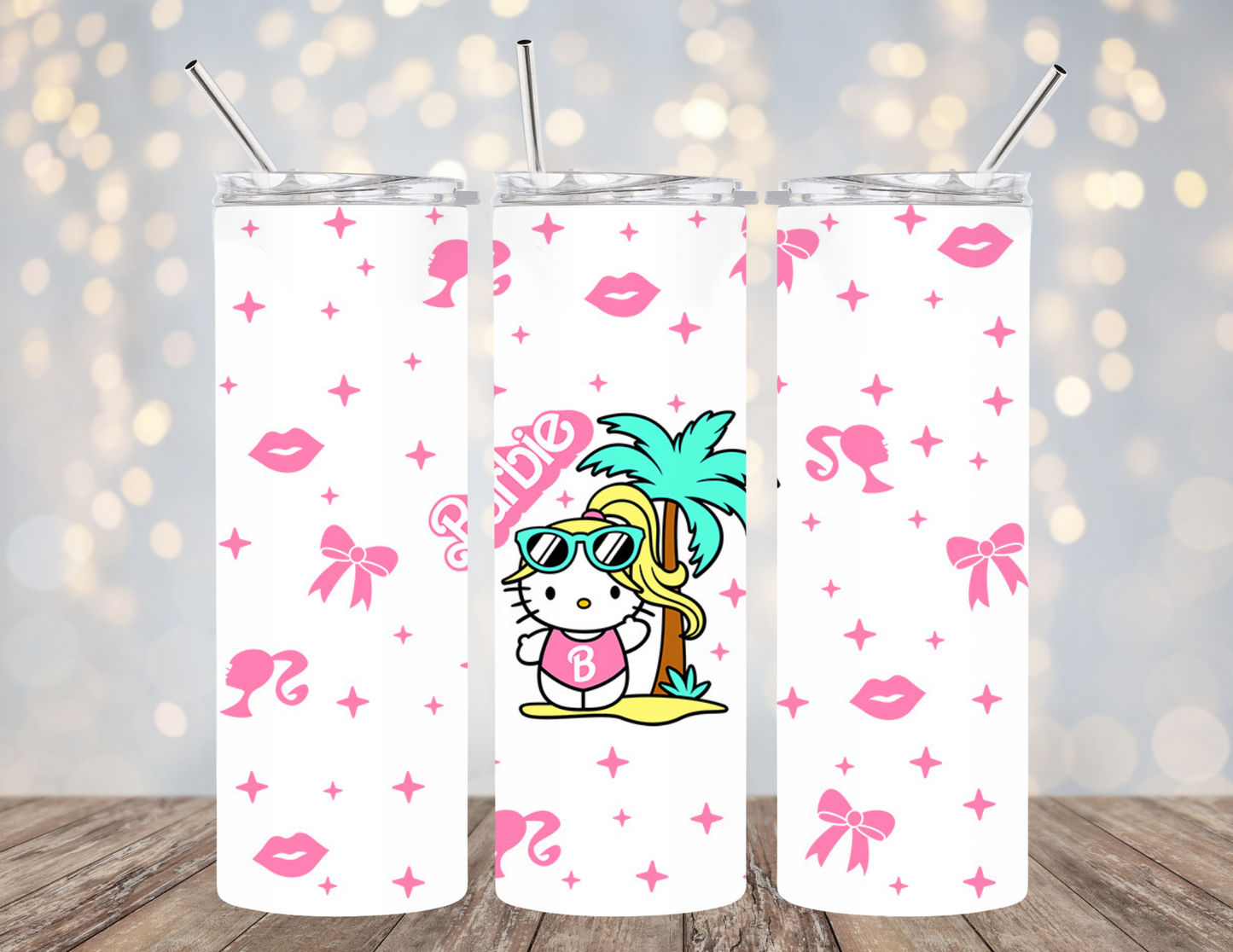 UVDTF 20 oz Cup Wrap Kitty doll on beach 2142