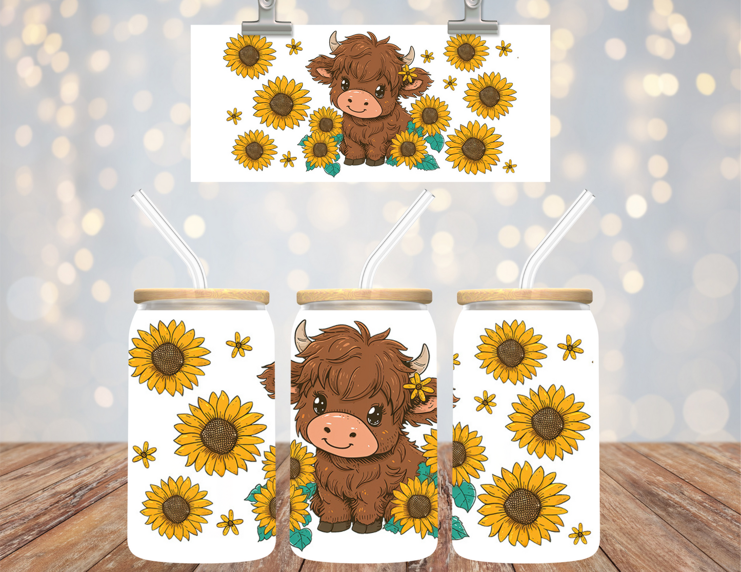 Uv Dtf Cup Wrap Baby Highland Cow sunflowers 607