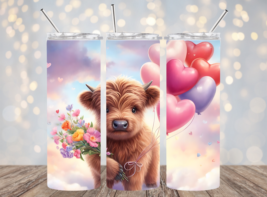 20 Oz Cute Baby Highland Cow Heart Balloons & Flowers