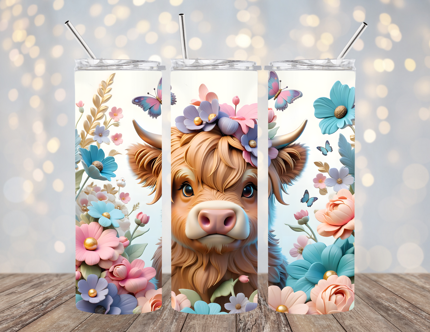 20 Oz Tumbler Cute Baby Highland Cow Flowers