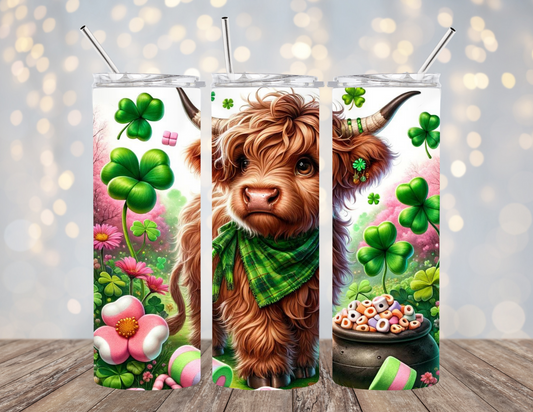 20 Oz Tumbler Cute Baby Highland Cow Lucky 4 Leaf Clovers