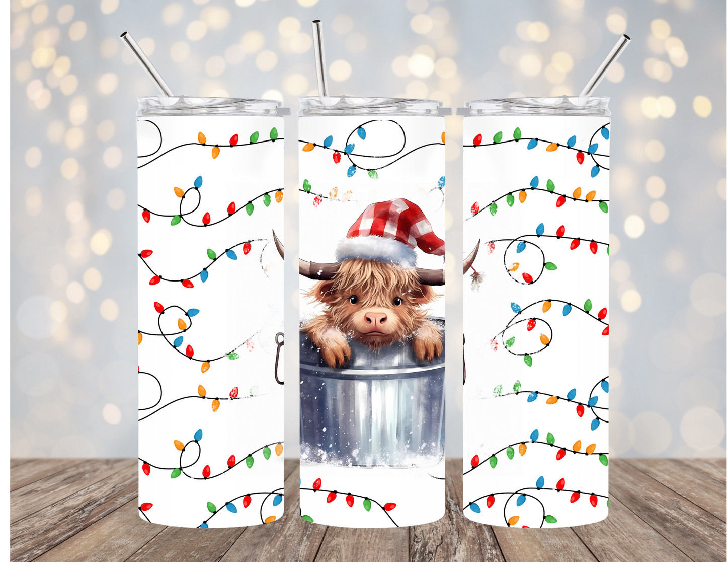 20 Oz Tumbler Christmas Highland Cow in Bucket Lights