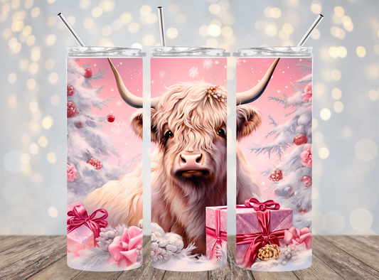 20 Oz Tumbler Pink Christmas Highland cow