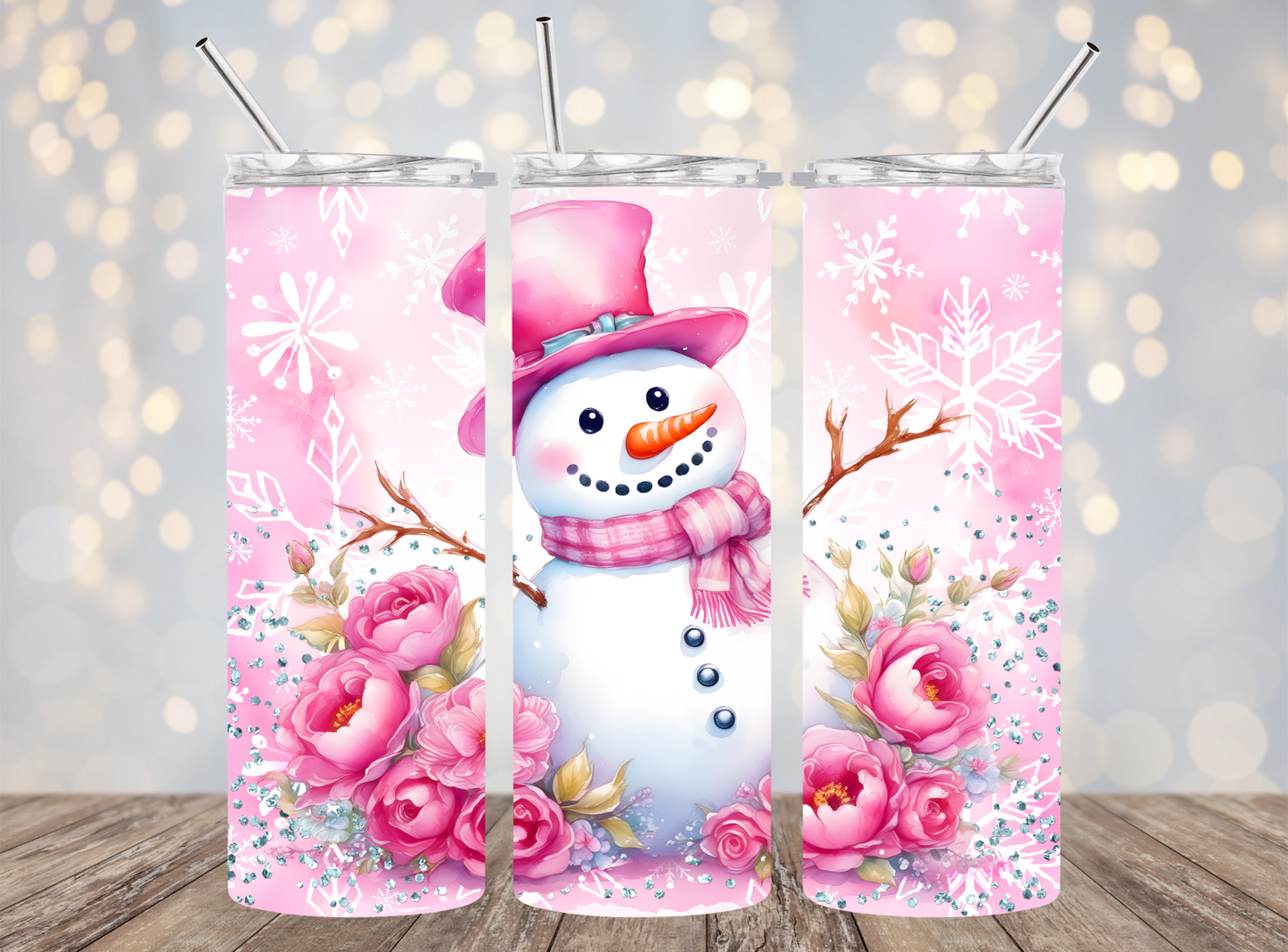 20 Oz Tumbler Pink Floral Winter Snowman