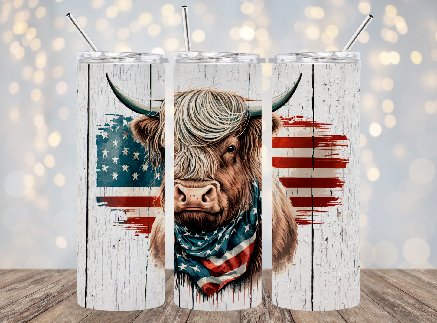 20 Oz Tumbler Highland cow Flag Scarf