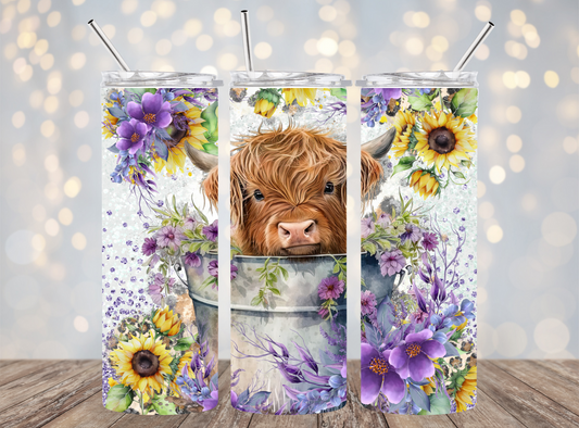 20 Oz Tumbler Baby Highland Cow Purple Flowers