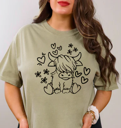 Short Sleeve TShirt Cute Highland Cow Hearts